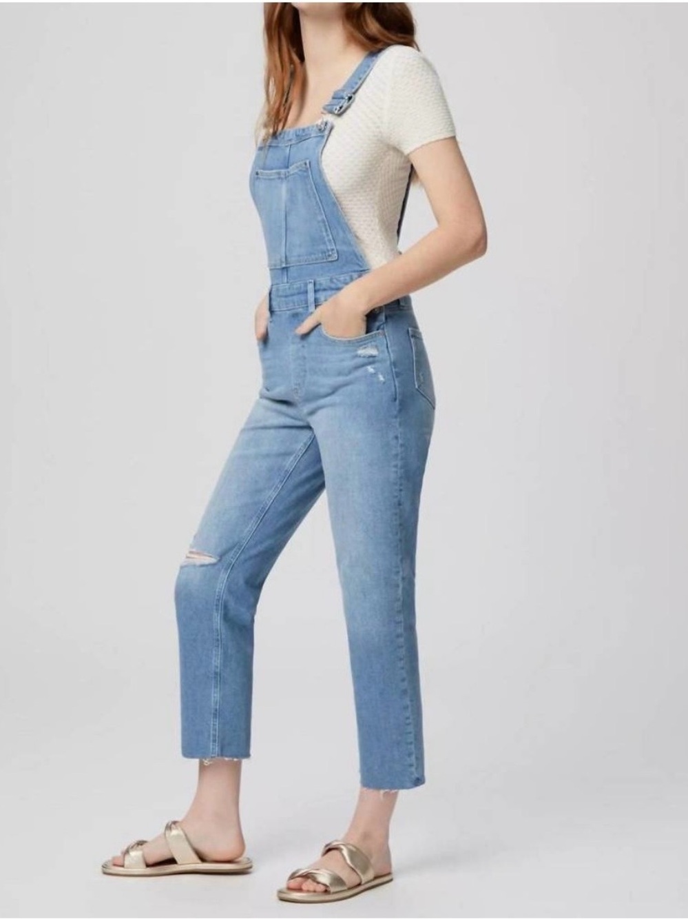 PAIGE Light Blue Denim Overalls with Distressed Knee